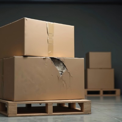Cardboard boxes on a wooden pallet in a warehouse; the front box is dented with a large hole, indicating damaged goods.